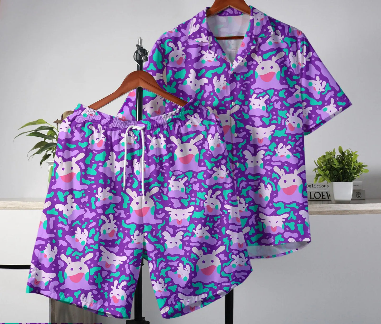 Retro 90S Style Wooper Hawaiian Shirt and Shorts Set 3D Print Funny Matching Summer Outfit for Anime Fans Gamersand Beachwear
