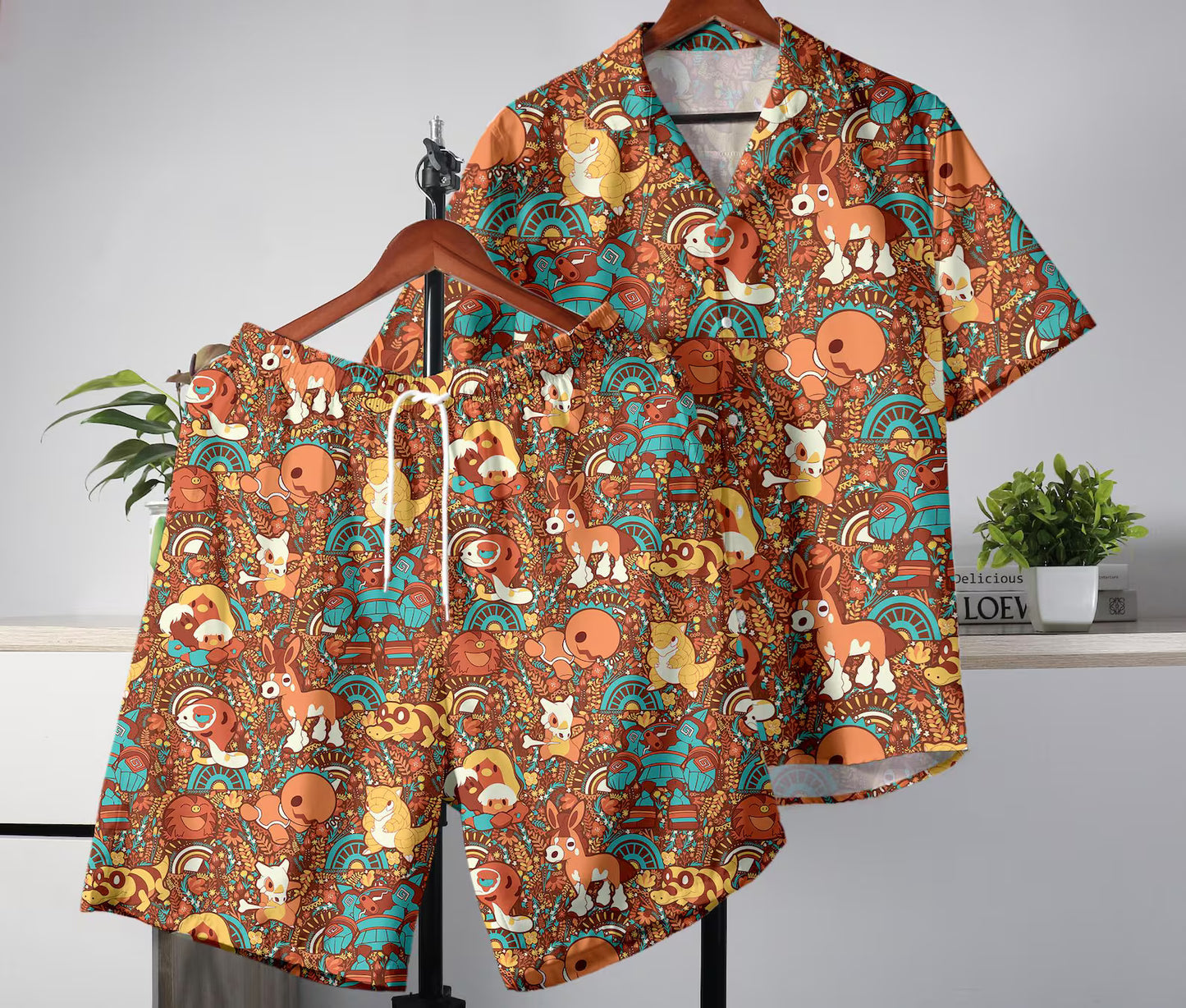 Retro 90S Style Wooper Hawaiian Shirt and Shorts Set 3D Print Funny Matching Summer Outfit for Anime Fans Gamersand Beachwear