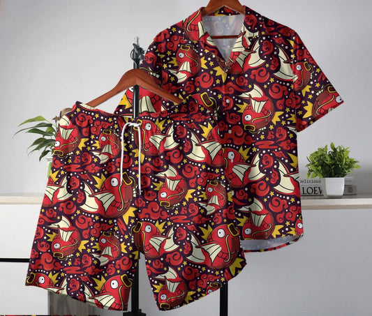 Retro 90S Style Wooper Hawaiian Shirt and Shorts Set 3D Print Funny Matching Summer Outfit for Anime Fans Gamersand Beachwear