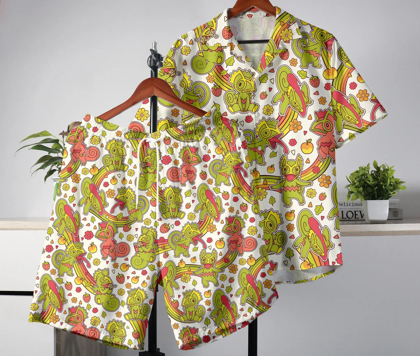 Retro 90S Style Wooper Hawaiian Shirt and Shorts Set 3D Print Funny Matching Summer Outfit for Anime Fans Gamersand Beachwear